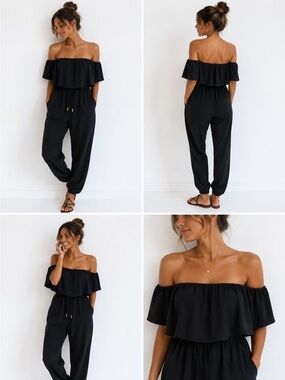 BOLD elements Black Off-Shoulder Ruffle Jumpsuit